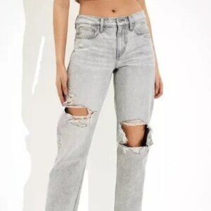American Eagle Women's 8 Short 90s Straight Jeans Light Grey Acid Wash